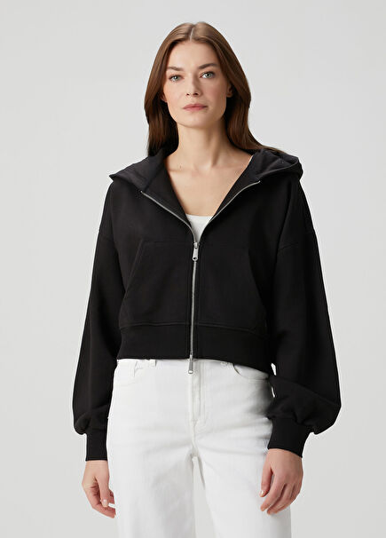 Siyah Kapüşonlu Fermuarlı Sweatshirt