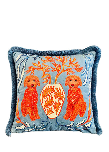 Poodle Köpek Desenli Özel Tasarım Mavi Kadife Kırlent Kılıfı 45 x 45 cm