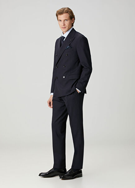 Lacivert Çizgi Desenli Yün Kruvaze Takım Elbise