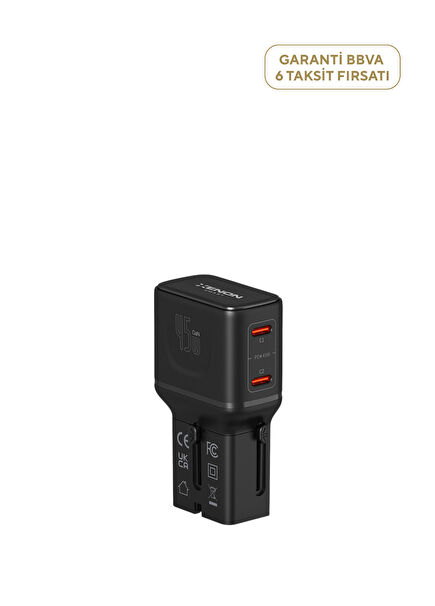 45W GaN Hızlı Şarj Özellikli 2x USB-C PD PPS Priz Dönüştürücü Seyahat Adaptörü X6409
