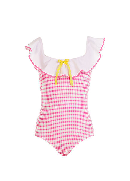 Pink Gingham Patterned Boat Neck Ruffled Ribbon Detail Girl's Swimsuit