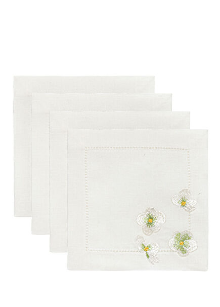 Green Garden Nakışlı Kırık Beyaz Keten 4'lü Kokteyl Peçetesi Seti