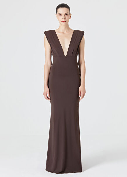 Brown Woven Jersey Sleeveless Women's Long Evening Dress