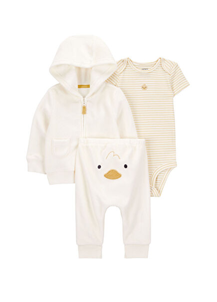Ekru Kısa Kollu Body Hırka ve Pantolon Unisex Bebek 3'lü Set