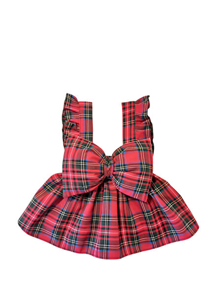 Ekoseli Kurdele Detaylı Kedi ve Köpek Elbise