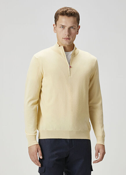 Sarı Yakası Fermuarlı Kaşmir Kazak