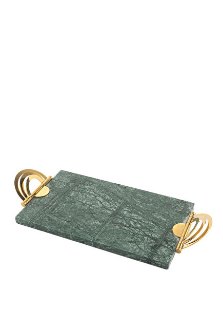 Gold Demir Detaylı Yeşil Mermer Tepsi 42 cm