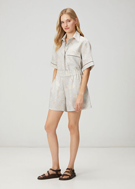 Mavi Şal Desenli Keten Şort