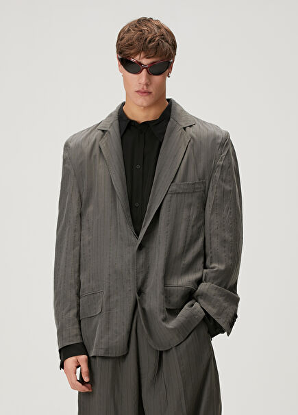 Grey Stripe Patterned Oversized Jacket