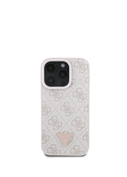 iPhone 16 Pro Max 4G Pink Phone Case with Triangle Logo with Patterned Stone