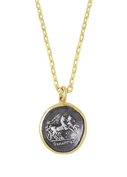 Chariots Antique Coin 925 Sterling Silver 22K Gold Plated Unisex Necklace