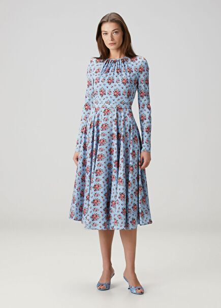 Blue Floral Midi Silk Dress