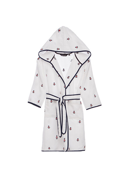 Marine Beyaz Lacivert Pamuklu Kız Çocuk Bornoz