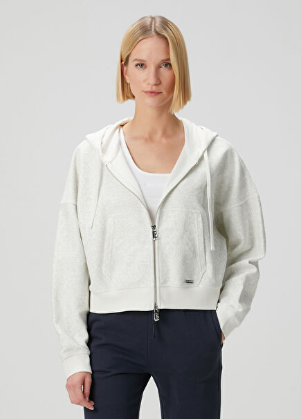 Kırık Beyaz Kapüşonlu Fermuarlı Sweatshirt