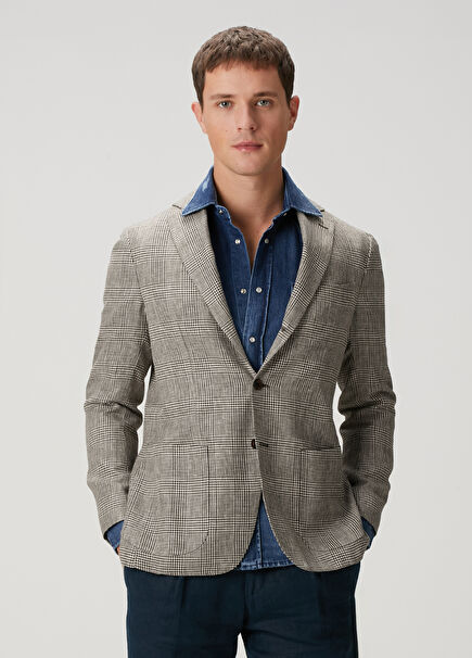 Black White Plaid Patterned Linen Jacket