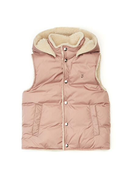 Koyu Pembe Kapüşonlu Unisex Çocuk Puff Yelek