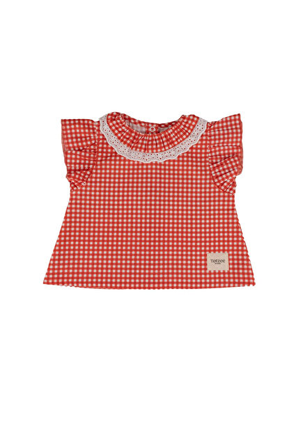 Kırmızı Beyaz Mini Ekose Fisto Yaka Fırfırlı Kız Bebek Bluz