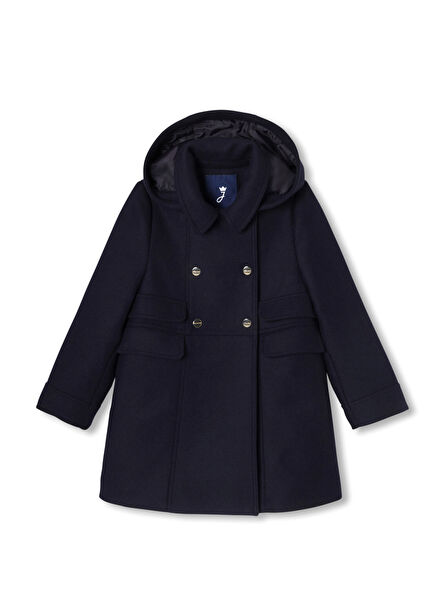 Lacivert Yünlü Kruvaze Kız Çocuk Palto