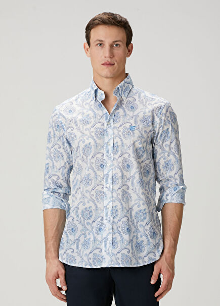 Mavi Beyaz Etnik Desenli Gömlek