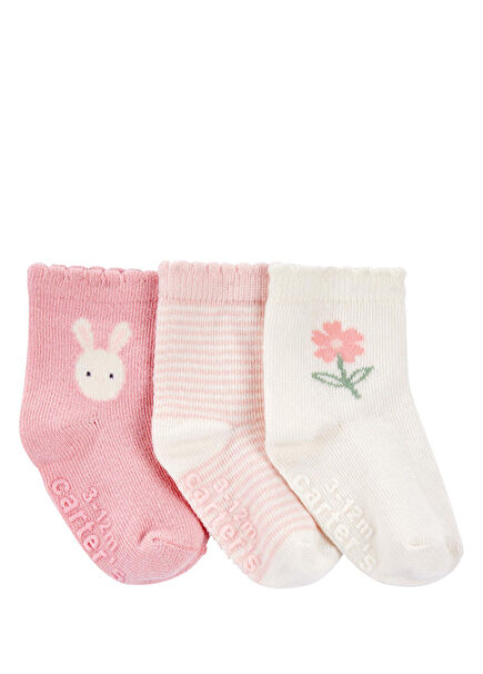 Patterned Pink Baby Girl 3-Piece Socks Set