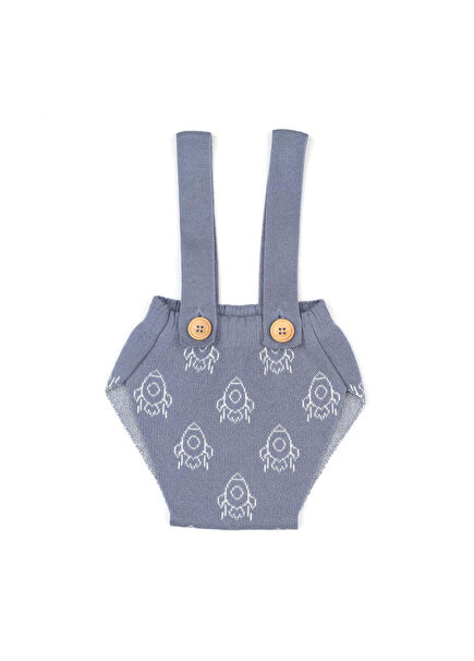 Rocket Patterned Organic Cotton Blue Unisex Baby Short Jumpsuit