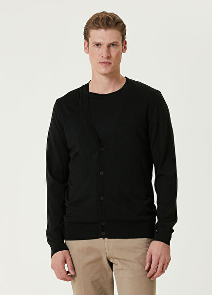 Black V-Neck Wool Knit Cardigan
