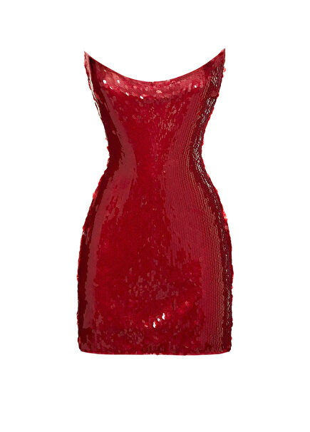 Kırmızı Payetli Straplez Kadın Mini Elbise