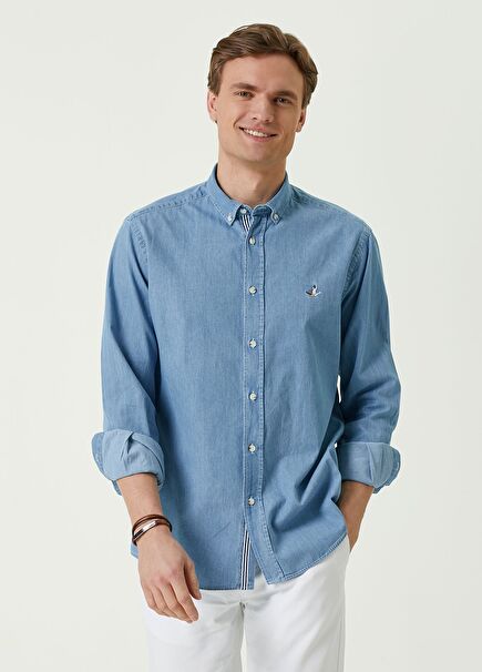 Comfort Fit Light Blue Grosgrain Detailed Denim Shirt