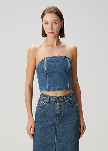 Blue Strapless Denim Blouse