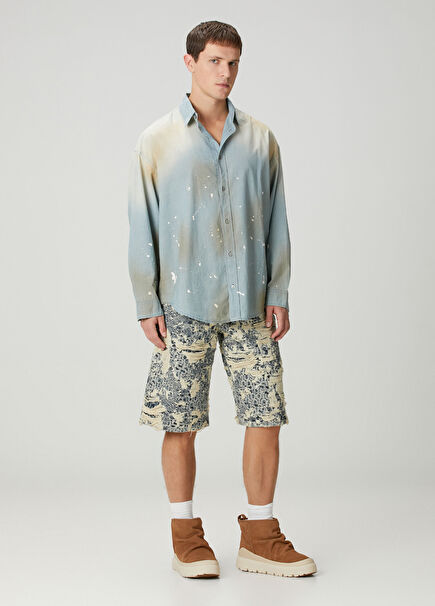 Mavi Yıpratma Detaylı Organik Pamuk Denim Bermuda