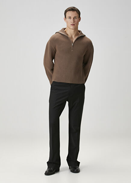 Taba Yakası Fermuarlı Yün Kazak