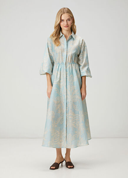 Mint Çiçekli Midi Organza Gömlek Elbise