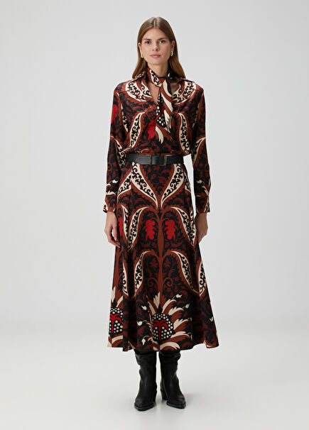 Kahverengi Desenli Midi Etek