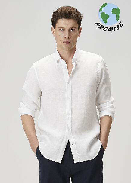 Comfort Fit Beyaz Keten Gömlek