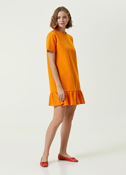 Turuncu Fırfırlı Etekli Mini Jersey Elbise