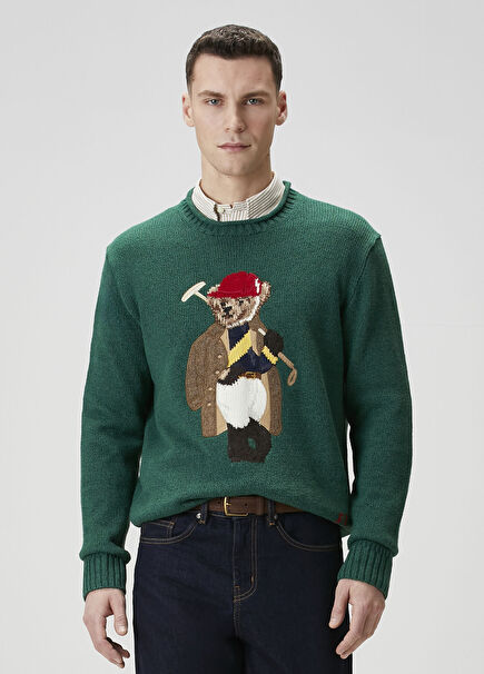 Green Teddy Bear Jacquard Linen Sweater