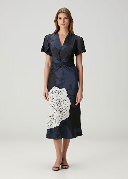 Eve Navy Gathered Midi Dress
