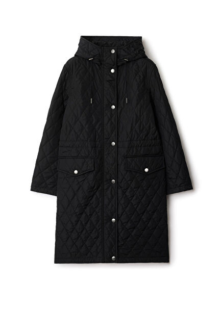Quilted Nylon Hooded Black Women's Long Coat