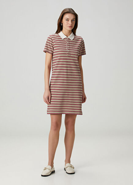 Camel Çizgili Mini Polo Elbise