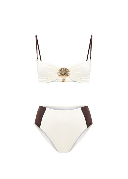 Shella White Altın Deniz Kabuğu Aksesuarlı Yüksek Bel Straplez Kadın Bikini Takımı