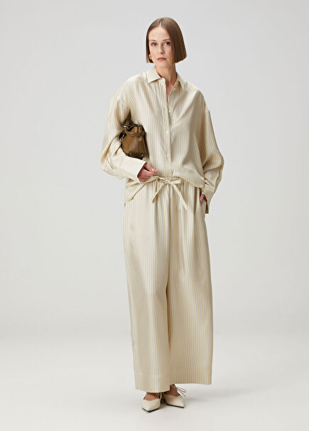 Bej Çizgili İpek Pantolon