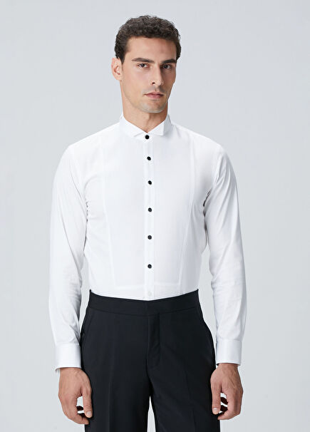 White Satin Tuxedo Shirt with Garnish