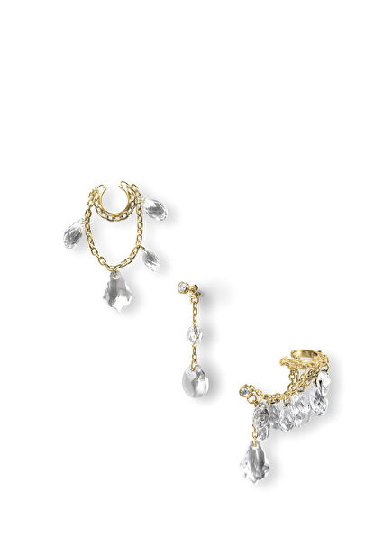 Stunn Kristal Taşlı 18 Ayar Altın Kaplama Kadın Küpe Seti