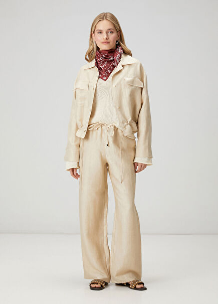 Bej Kemerli Parlak Keten Pantolon