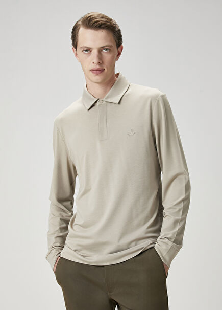 Beige Long Sleeve Polo T-Shirt