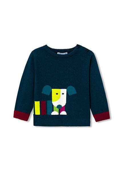 Intarsia Örgü Köpek Motifli Erkek Bebek Kazak