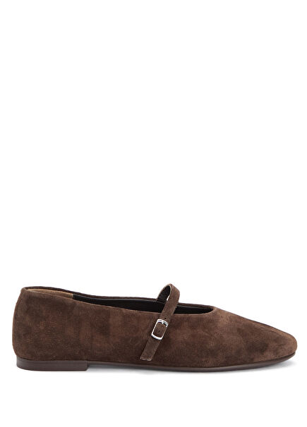 Brown Buckle Detailed Suede Ballet Flats
