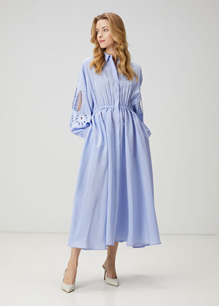 Blue Embroidered Midi Shirt Dress