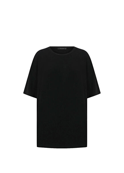 Siyah Viskon Oversize Dökümlü Kısa Kollu Kadın T-Shirt