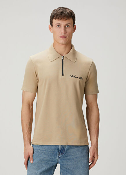 Bej Polo Yaka Logo Nakışlı T-shirt
